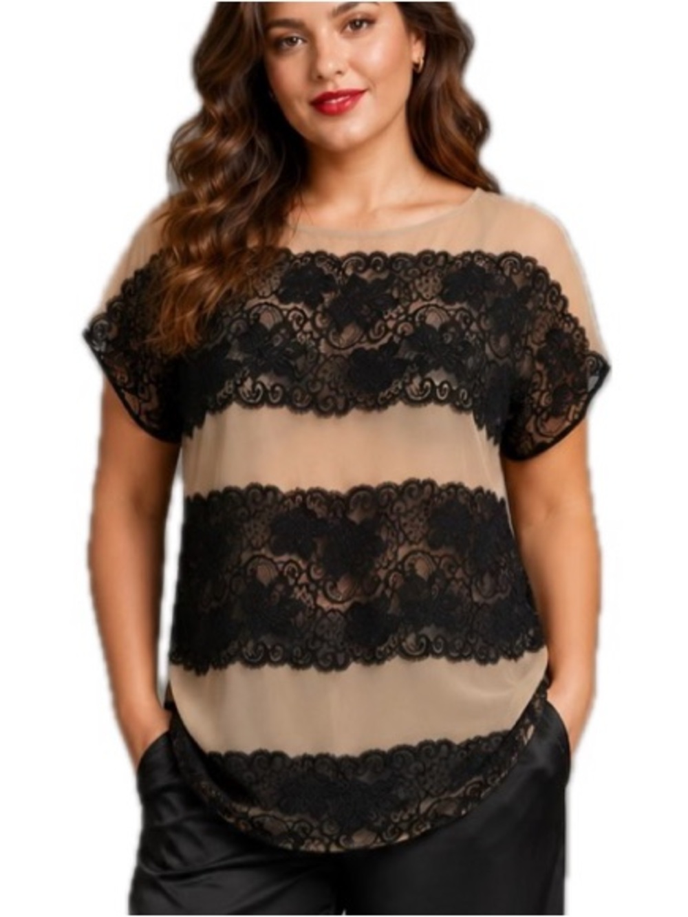 GIBSON 100% Silk Sheer Lace Mix Lingerie Top Womens Size Large Black Beige Y2K